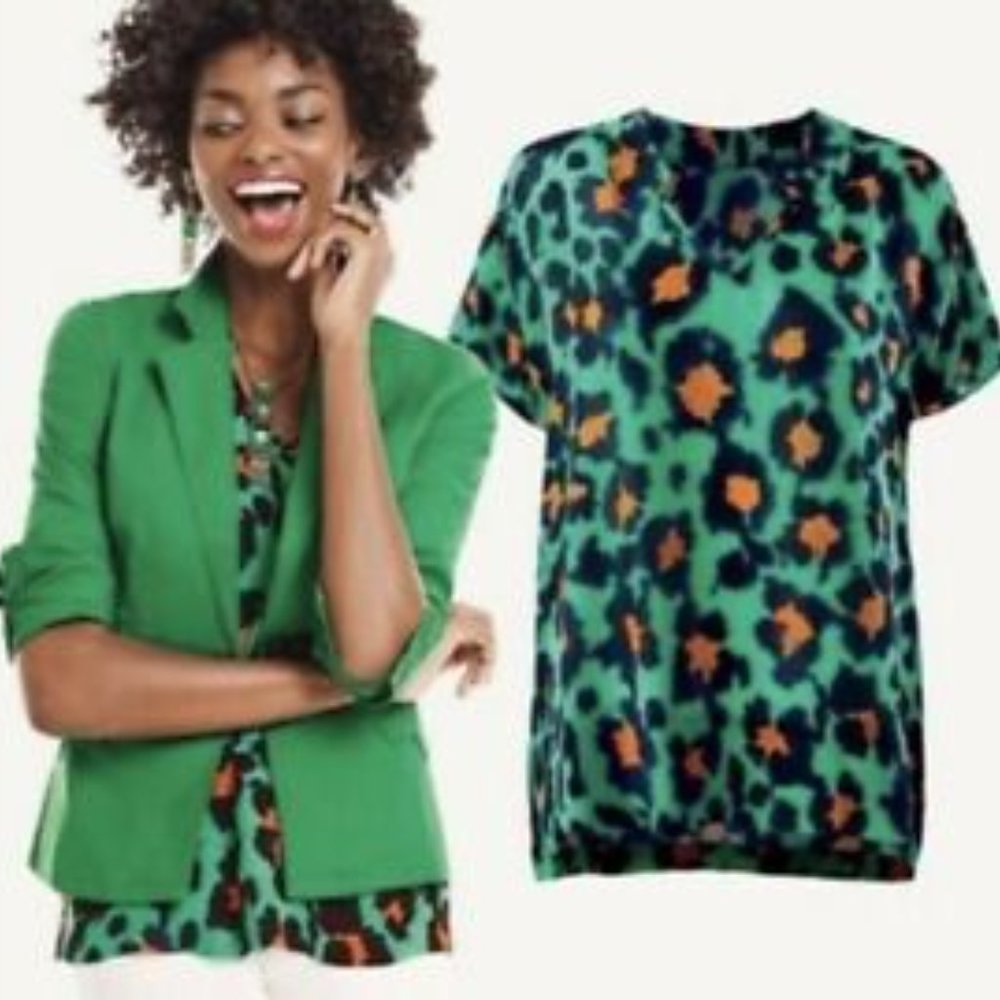 Cabi Green Blue Blouse Leopard Spots Orange XS